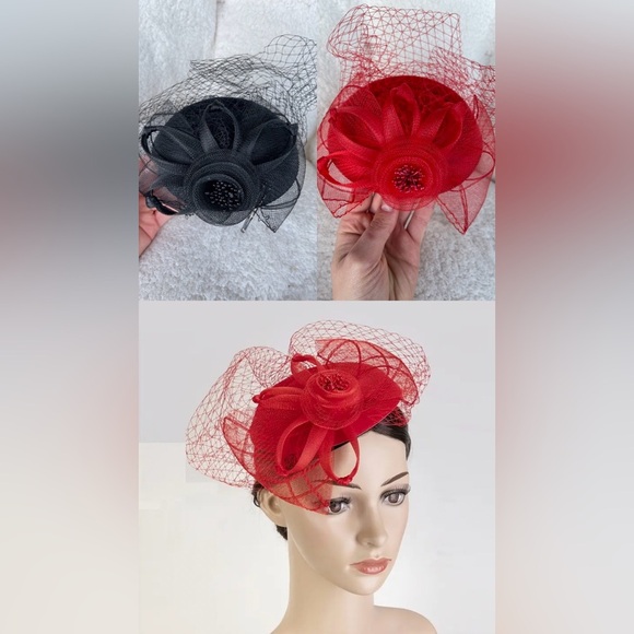 2pc. Elegant Party Black and Red Fascinator Lawliet Woman's Hair Fashion Piece - Picture 1 of 12